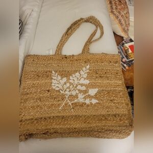 Natural Woven Tote Bag with White Leaf Design